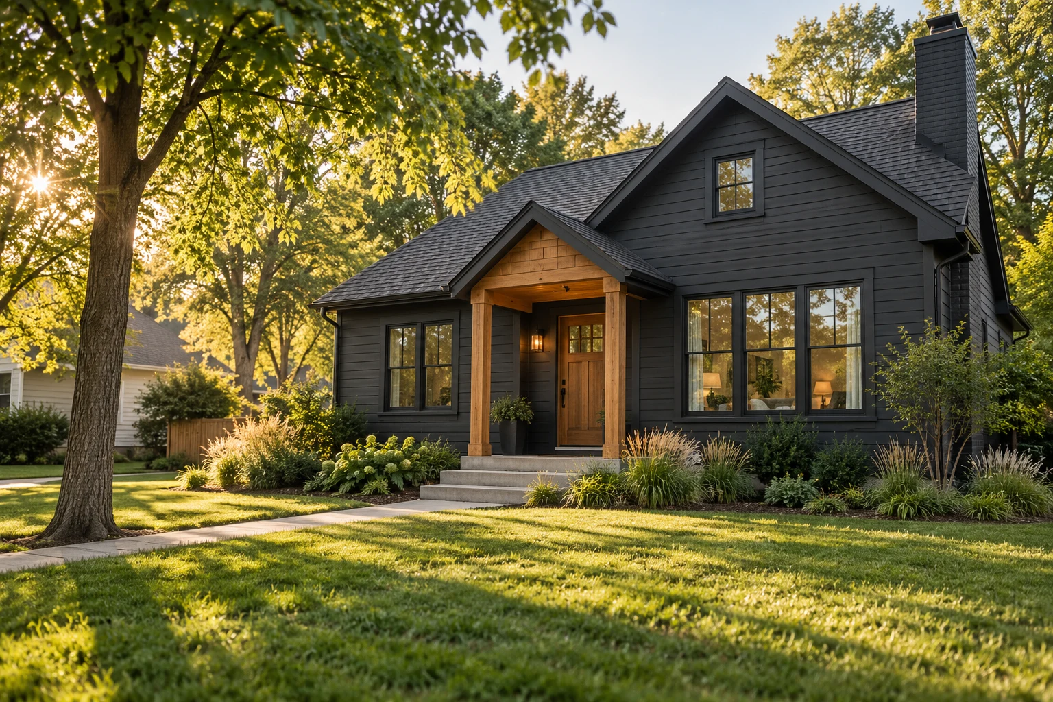 Renovated single-family rental home with charcoal siding and a warm wood entry
